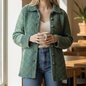 Vintage Textured Sweater Green Blue Turquoise Gold Buttons Handmade? Size Med?